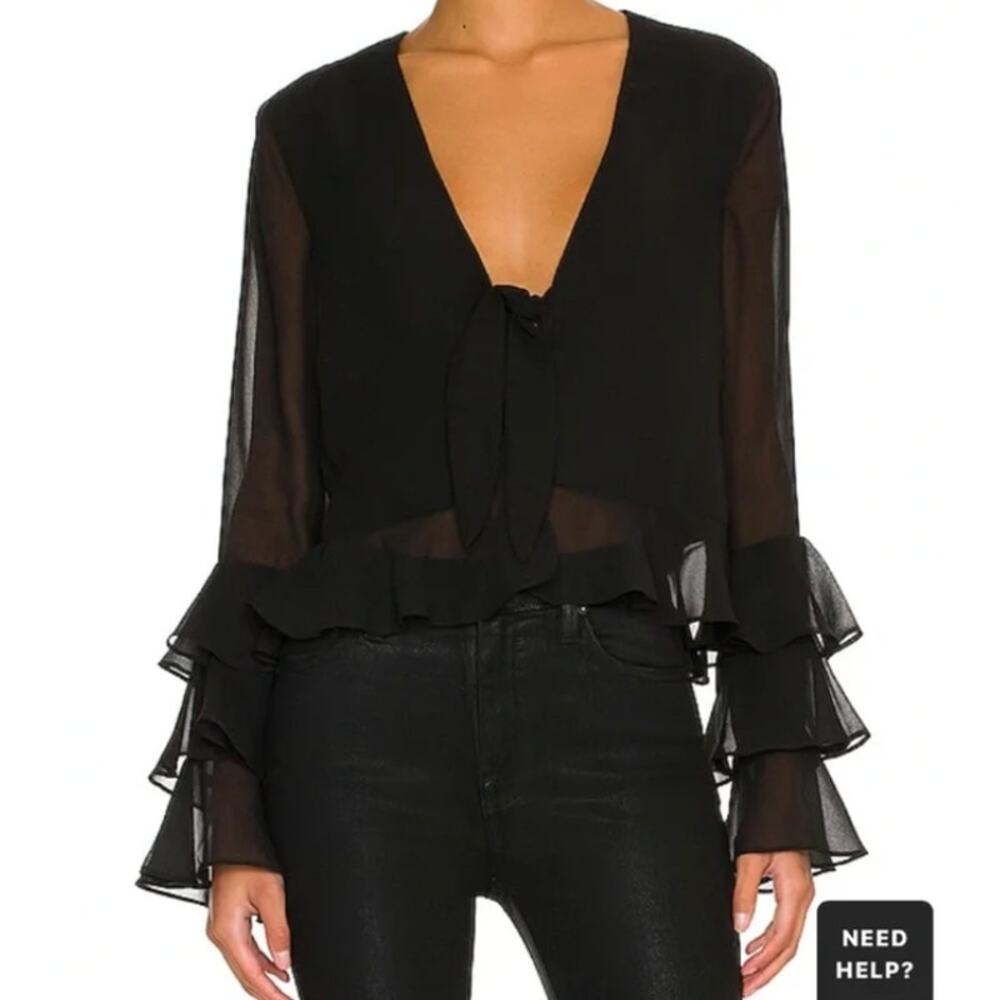 Tularosa witchy black v-neck tie-front top ruffle sleeve blouse XS